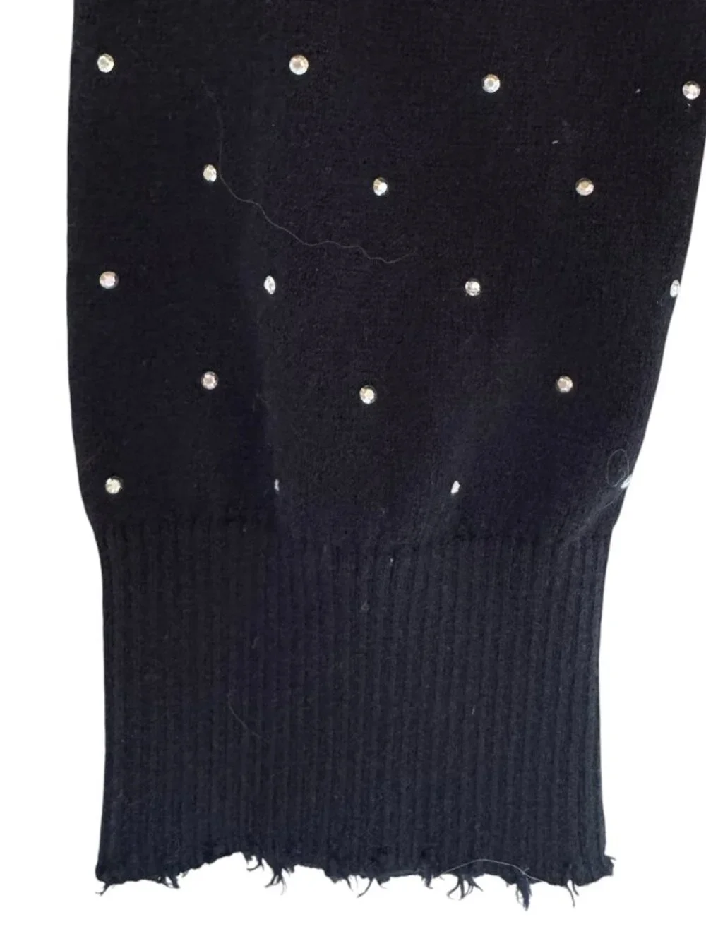 NEW MinnieRose Cashmere Sweater Frayed Edge Crew Black Silver Tone Beads  Med